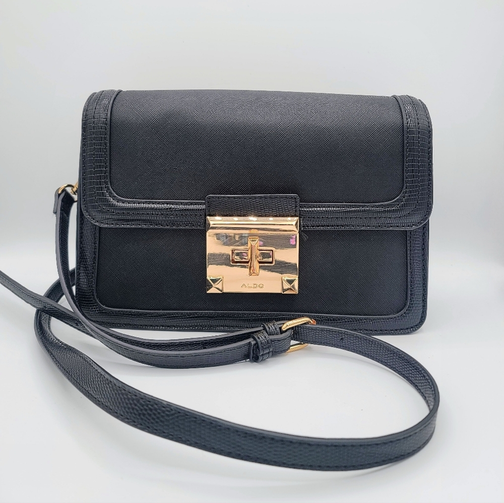 ALDO Black Saffiano Crossbody Bag Flap Top Gold Turn Lock Structured 9.5"